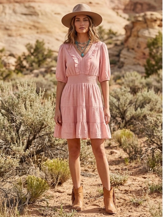 J Gee Dresses & Skirts - Women's Blush Pink V-Neck‎ Ruffled Tiered Dress EUC